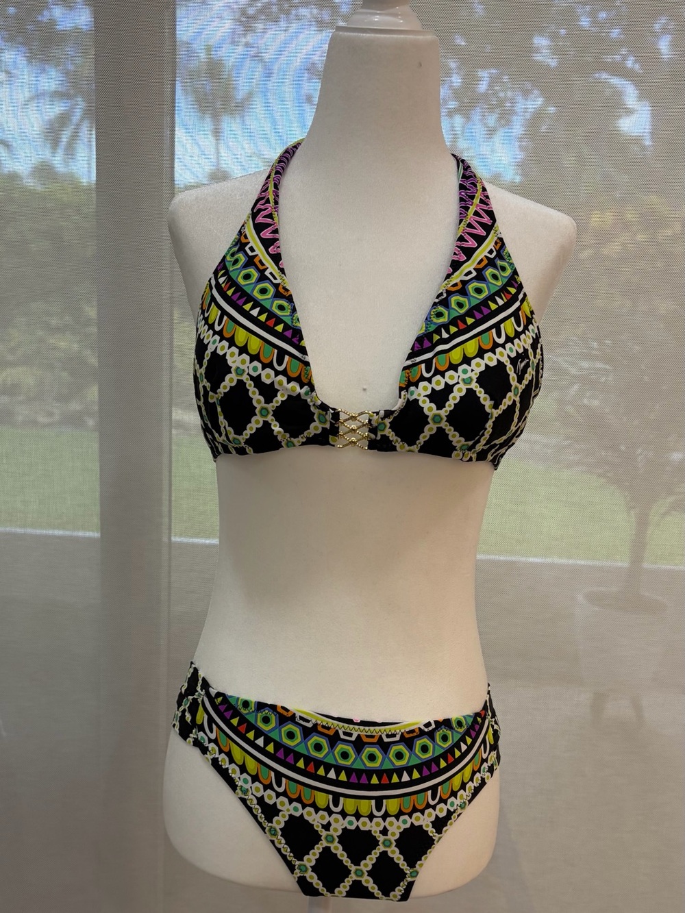 Trina Turk Black Multicolor Geometric Halter Bikini
